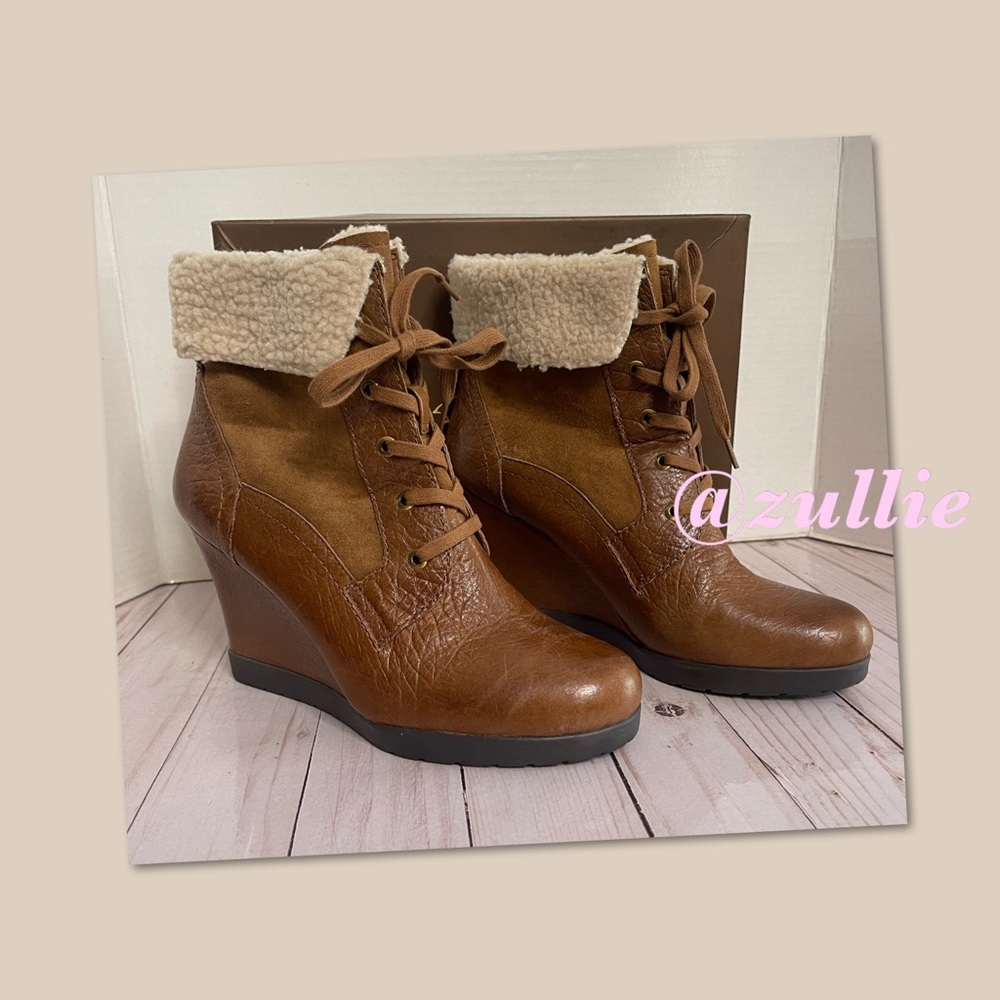 Franco Sarto Spike Womens Camel Tan Leather Wedge Ankle Boots Shearling Cuff